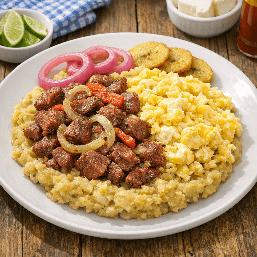 Mangú con Huevos y Carne Salada