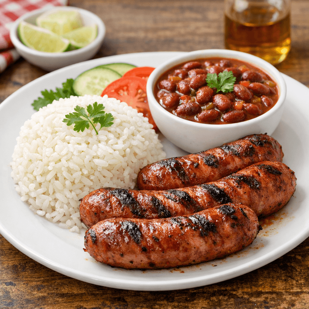 Longaniza de Cerdo Asada con Arroz y Habichuelas